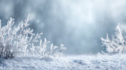Snow blankets the ground while delicate frost adorns the branches of nearby plants. A gentle snowfall creates a serene atmosphere in this winter wonderland.