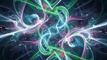 Abstract swirls of neon green blue and pink light against a dark background - Powered by Adobe