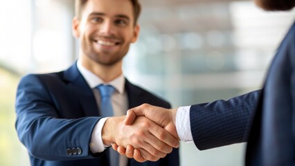 Business travel and executive conference concept. Business professionals shaking hands in a modern office setting.