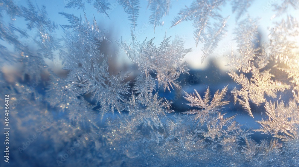 Poster intricate frost patterns form on a window as morning sunlight filters through, casting a delicate gl