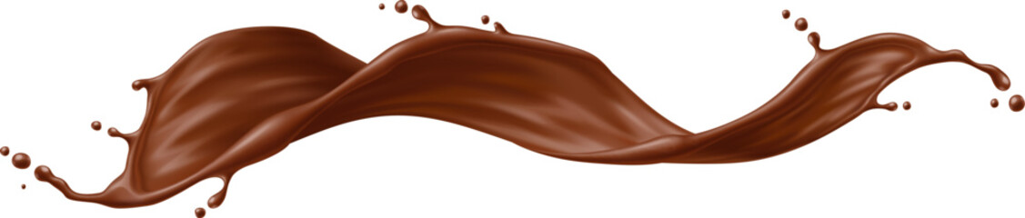 Chocolate drink flow splash and wave, realistic splatter. 3d vector cocoa dessert swirl drink or flow stream with splatters. Brown coffee stream with drops, liquid splashing with dynamic droplets