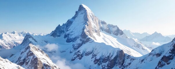 Obraz premium Majestic snow-covered mountain peak, pristine white snow blankets the rugged terrain, a stunning winter landscape scene perfect for travel and nature themed projects , valley, winter, travel