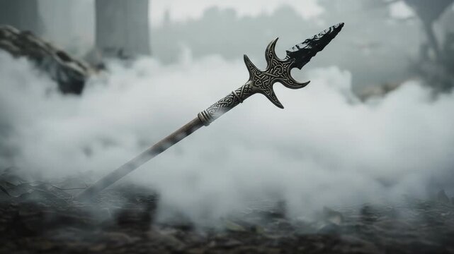 Ornate spearhead rests in mist, evoking mystery and ancient battles.