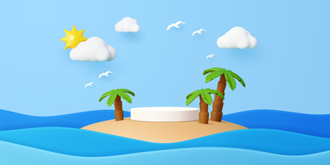 Tropical island podium stage with palm trees and white round display surrounded by blue ocean waves. 3d vector cartoon scene features sky clouds, seagulls and bright sun, evoking a sunny paradise vibe