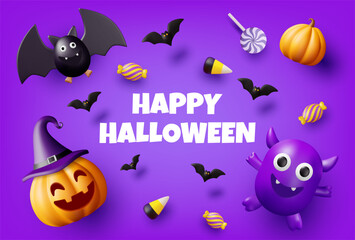 A fun and cute 3D vector illustration of a happy Halloween poster, banner, invitation card, featuring pumpkin characters in witch hats, bats, candy, and monsters, set against a vibrant purple backgrou