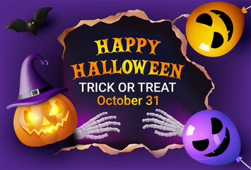 3D vector illustration render of a poster, banner, invitation card, Happy Halloween, dark purple with a tear revealing the text, surrounded by pumpkins wearing witch hats, balloons, skeleton hands,bat