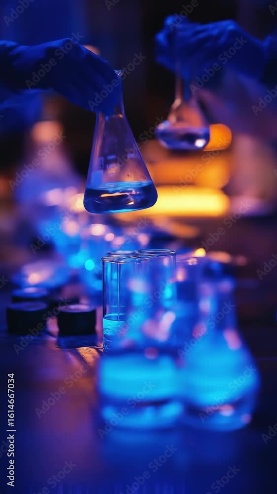 Poster hands in blue gloves handling flasks filled with liquids in a brightly lit laboratory setting