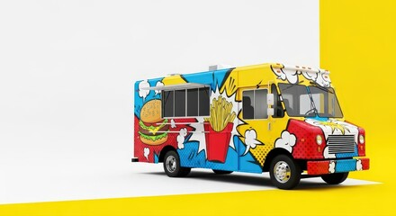 colorful fast food truck on split yellow and white background