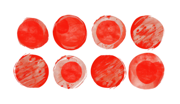 PNG. 9 red hand drawn circles of different sizes on white background