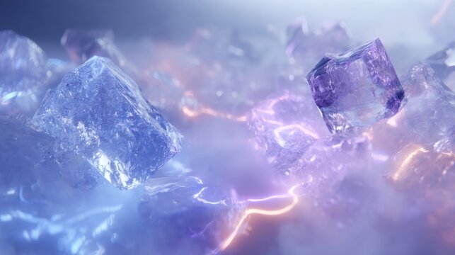 Dreamy 3D Render of a Collection of Translucent Blue and Purple Ice Cubes with Glowing Edges, Evoking a Sense of Coldness, Mystery