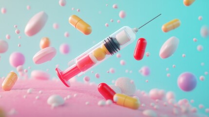 Cute cartoon syringe character smiling with big eyes and a cheerful face on a white background