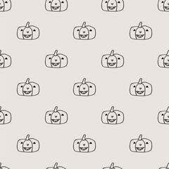 Halloween seamless pattern. Jack o lantern. Outline vector design. Illustration. Hand drawn design on grey background.
