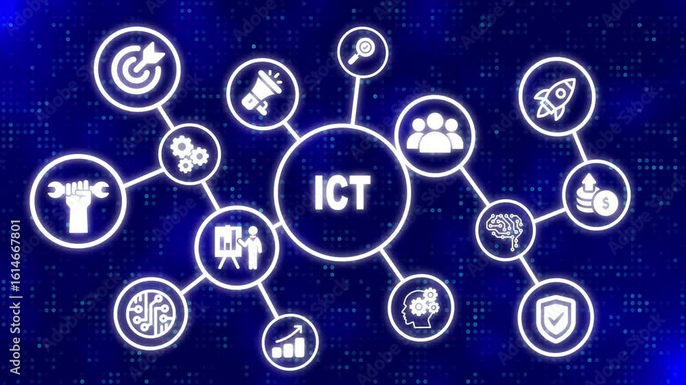 Poster ict information communication technology internet concept on virtual screen. abstract technology dot