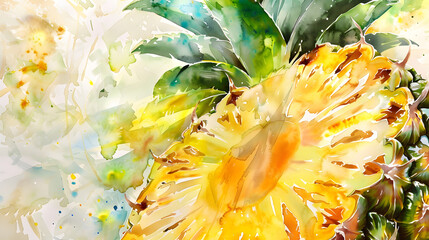 close-up watercolor painting of a fresh pineapple