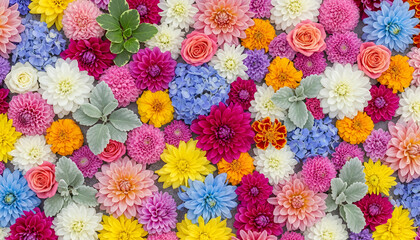 Stunning floral arrangement with a bright palette of multicolored blooms, combining different textures and layers of petals for a rich visual display.