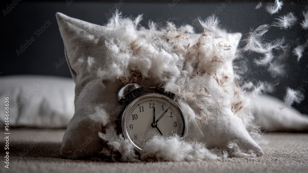 Poster a silver alarm clock sits on a pillow as feathers erupt into the air, creating a dynamic contrast in