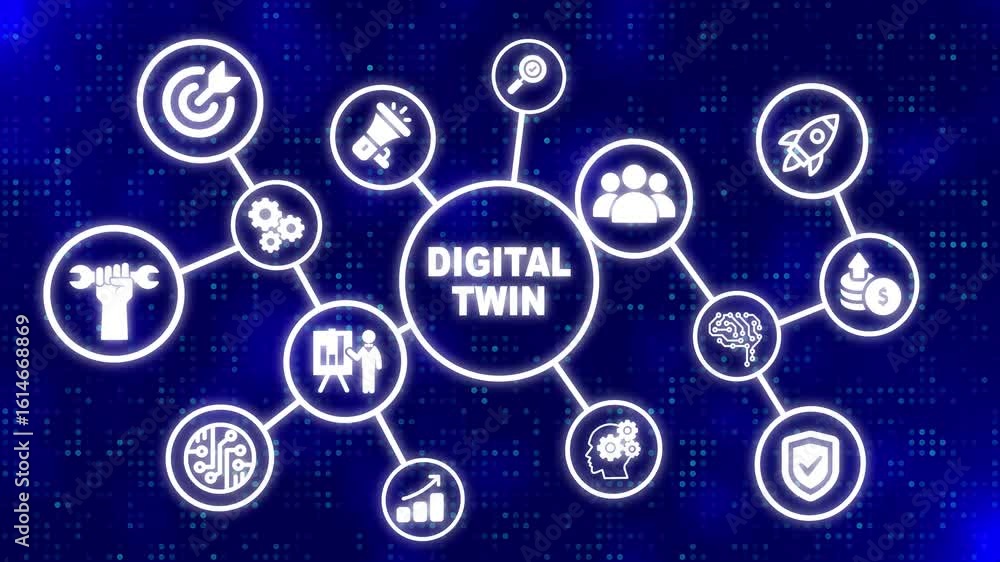 Poster digital twin industrial technology and manufacturing automation technology. abstract technology dot 
