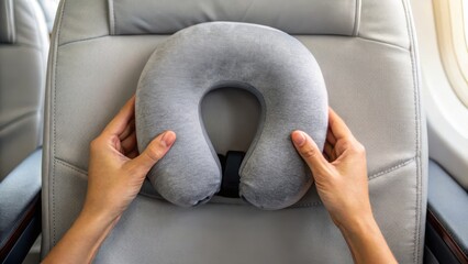 Business travel and global mobility transportation concept. Neck pillow held on an airplane seat, ready for a comfortable travel experience.