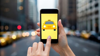 Business travel and global mobility transportation concept. A hand holding a smartphone displays a taxi icon, set against a busy city street backdrop.