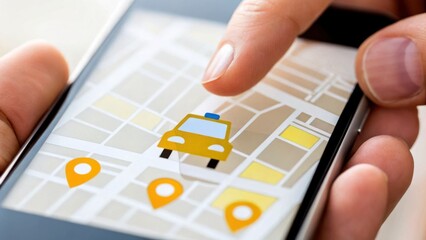 Business travel and global mobility transportation concept. A hand interacts with a smartphone map displaying a taxi icon and location pins.