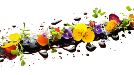salad with pansy flowers and chocolate sauce isolated on transparent background