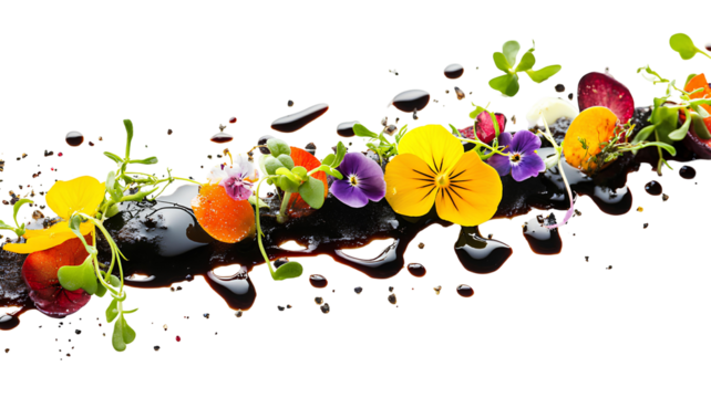 salad with pansy flowers and chocolate sauce isolated on transparent background - Powered by Adobe