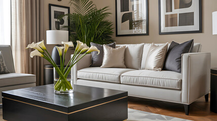 Sophisticated living room interior featuring a modern beige sofa, abstract wall art, and a vase of calla lilies.