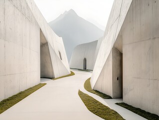 A narrow pedestrian alley winds between unique concrete structures, embodying minimalist design. Natural elements blend with modern architecture, creating a serene atmosphere perfect for backgrounds