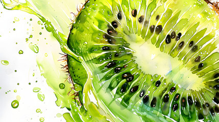 close-up watercolor painting of a kiwi slice