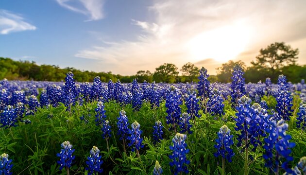 Vast field of bluebonnets at sunset