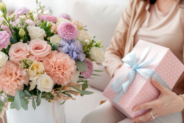 A person holding a beautifully wrapped gift sits beside a stunning flower arrangement in a bright, cozy living room setting, creating a warm atmosphere. mother's day background. Generative AI.