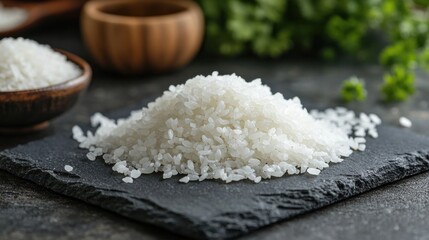 Pile of white rice on dark stone