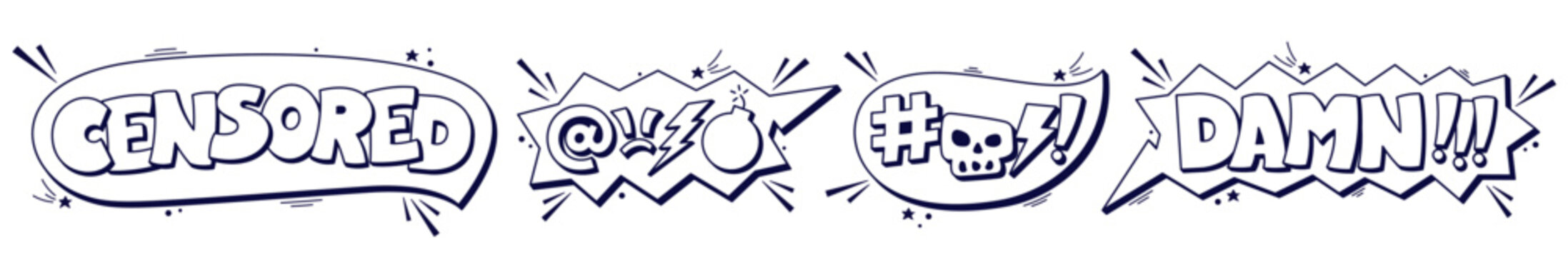 Set of black and white swear speech bubbles with words censored, damn and tiny details around.