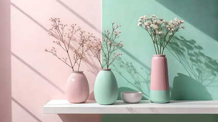 Still life of pastel vases with baby's breath on a shelf against a split color background