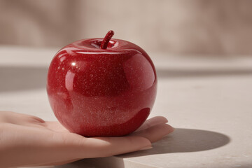 hand holding fresh apple overlaid with augmented reality information about its composition