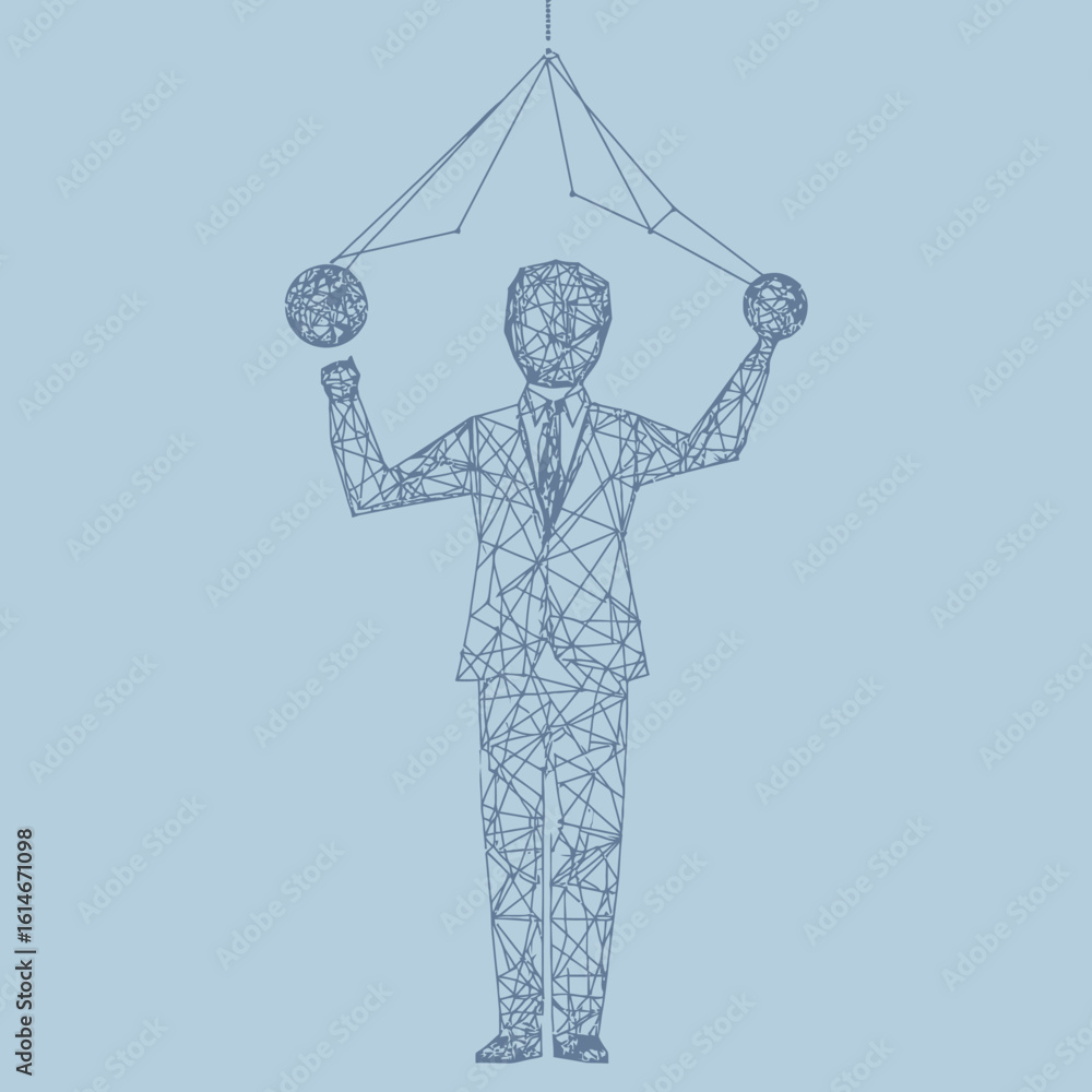 Poster polygonal wireframe businessman puppet controlled by strings with geometric spheres in minimalist bl