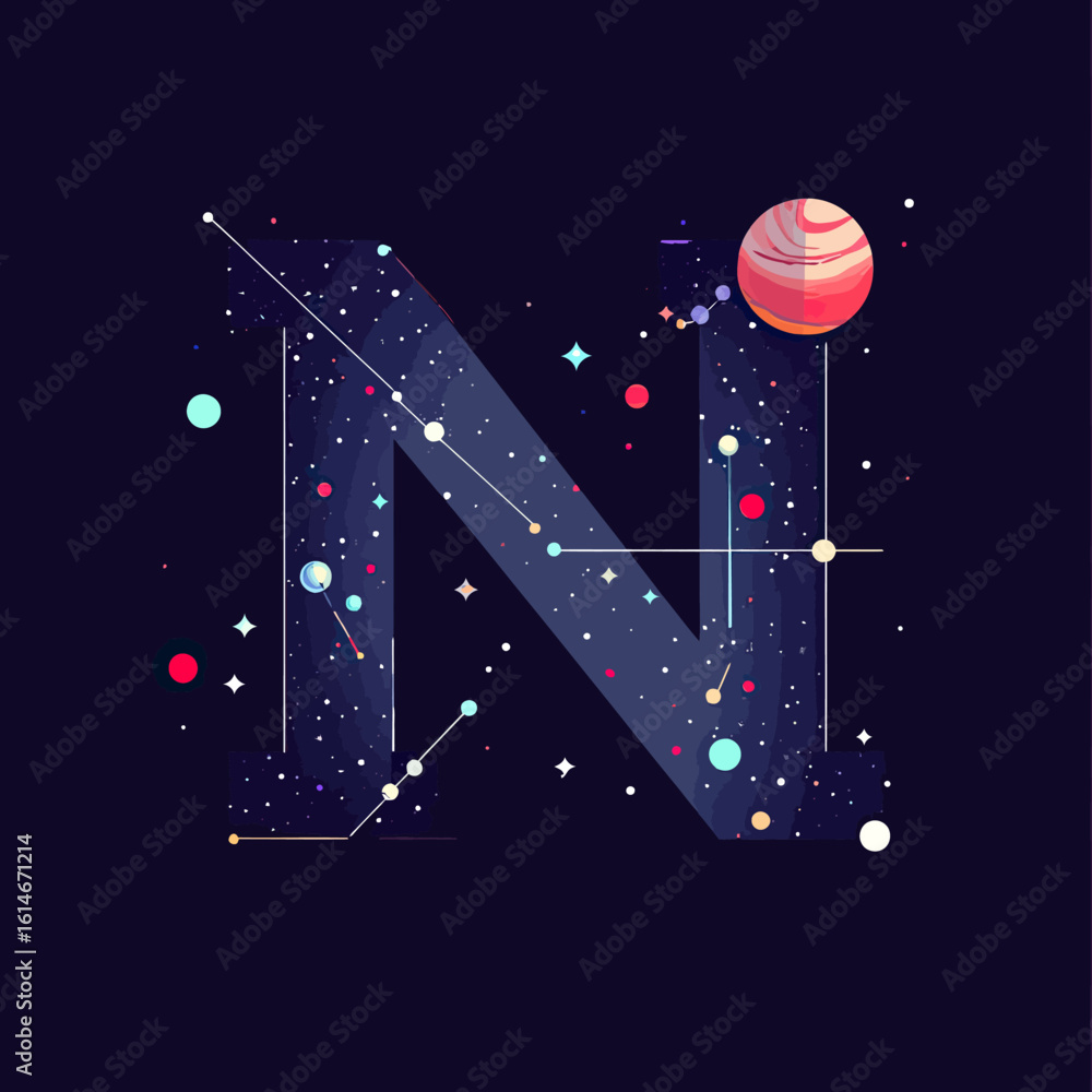 Poster letter n composed of starry galaxy with planets, space elements, constellations and cosmic dots in f