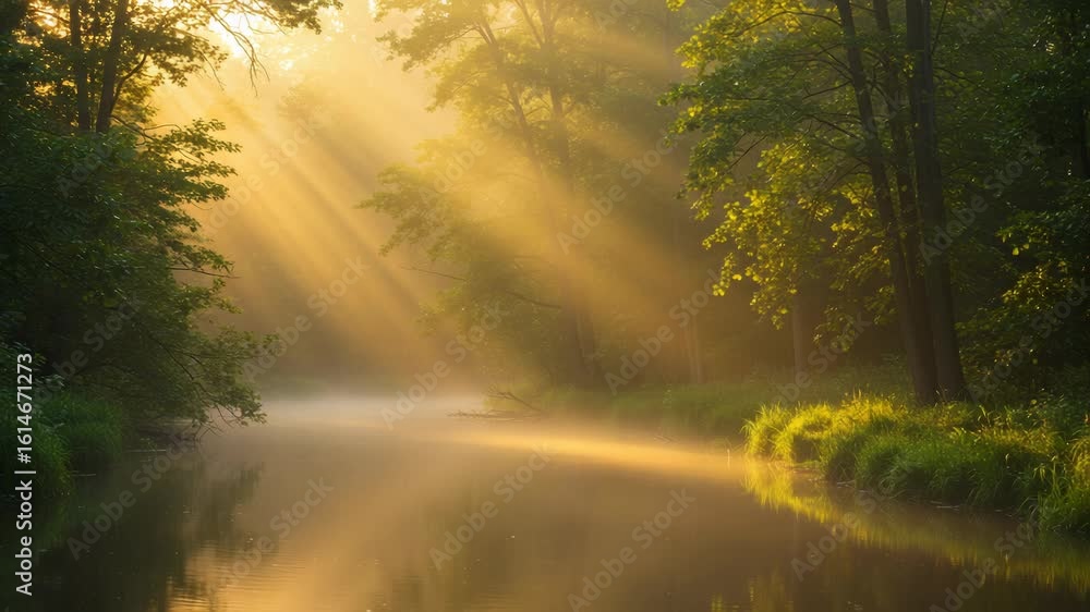 Poster Sunlight streams through the trees in a misty forest, illuminating a tranquil river