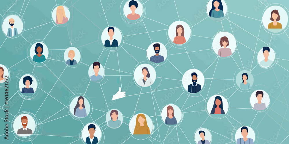 Poster diverse group of connected people network with abstract social interaction lines and communication c