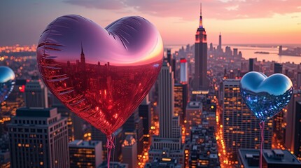 love around the city, Hear shaped balloons floating above a city at sunset 3d render serene view