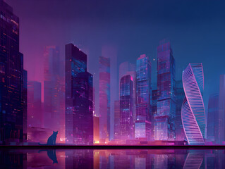 City skyline at twilight featuring a cat silhouette against vibrant lights and modern architecture