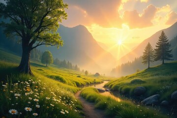 Serene landscape reflecting inner peace; sunbeams illuminate a tranquil scene, evoking spiritual contemplation and the beauty of nature's grace , grace, quiet