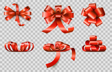 Realistic red satin ribbons for decorating gifts. Holiday box tying. Birthday anniversary party present wrap. Silk knots top and side views. Xmas glossy stripes. Vector 3D objects set