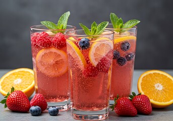 Picture-perfect tall glasses of pink sparkling drinks, bursting with fresh fruit flavor and garnish.


