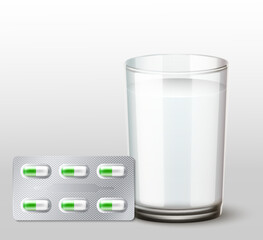 Realistic glass of clean drinking water and pills in blister. Medication tablets. Pharmaceutical capsules. Prescription meds. Vitamin and painkiller. Medical treatment. Vector 3D objects