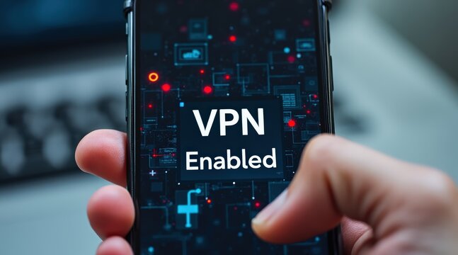 vpn proxy protection connection concept. Smartphone displaying "VPN Enabled" with data network background.