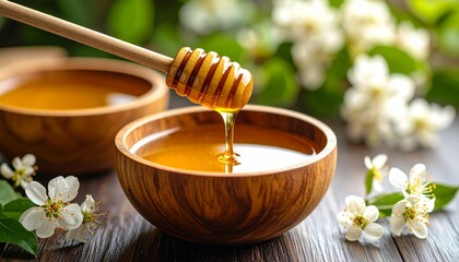bowl of honey and chamomile flowers