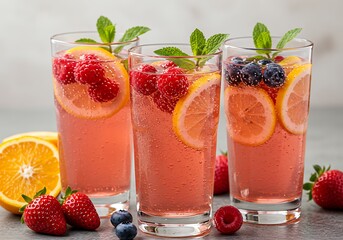 Carbonated pink drinks with luscious fruit garnishes, showcasing a refreshing and delightful taste.

