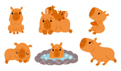 Funny capybaras. Cartoon character. Wild cute animal walking or resting. Capy resting and eating fruit. Kawaii mammal lying with baby cubs. Relax in bath. Vector capibara activities set