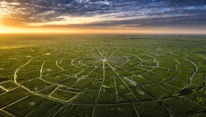 Aerial view of a vast, circular, geometrically patterned agricultural field at sunrise